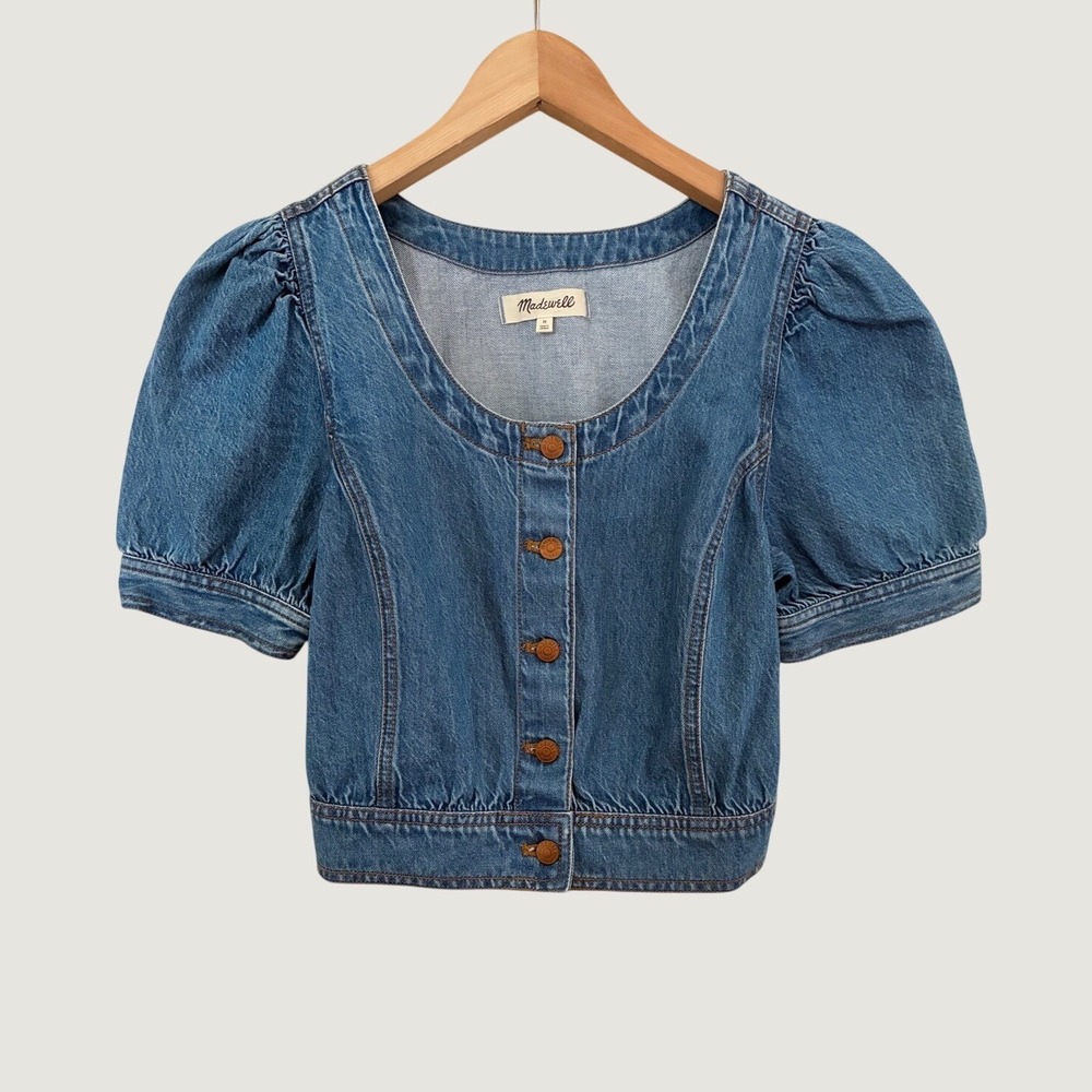 Madewell Denim Puff Sleeve Button Front Crop Top Indigo Blue Size M